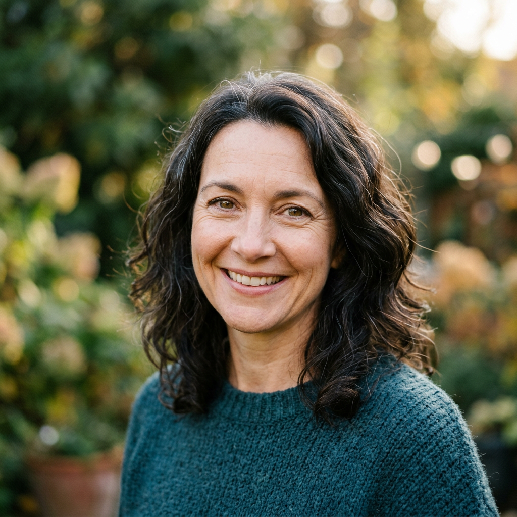 Smiling woman with dark curly hair wearing a blue sweater outdoors